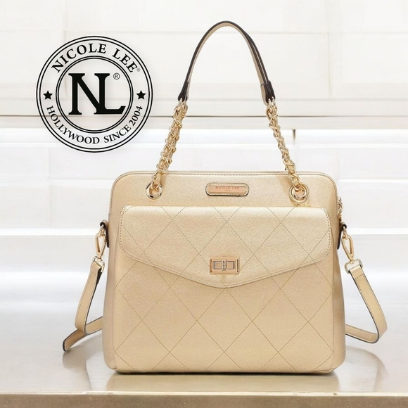 🆕️Nicole Lee Quilted Gold Vegan Leather Chain Strap Bag Crossbody Spacious Chic - Picture 1 of 12